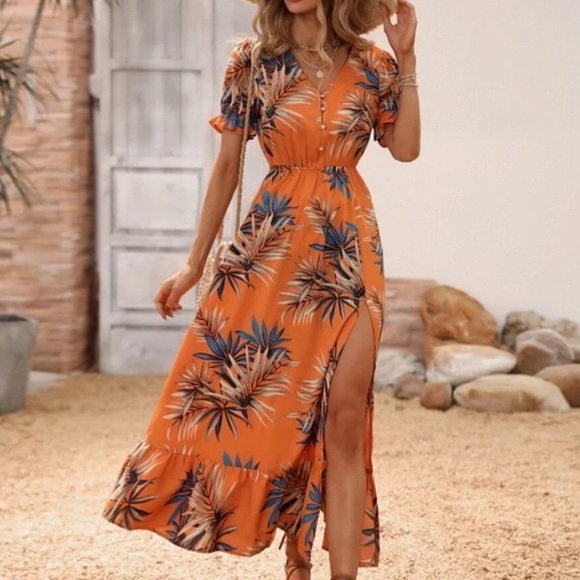 Boho Orange Tropical Print Puff Sleeve Maxi Dress - Picture 5 of 5